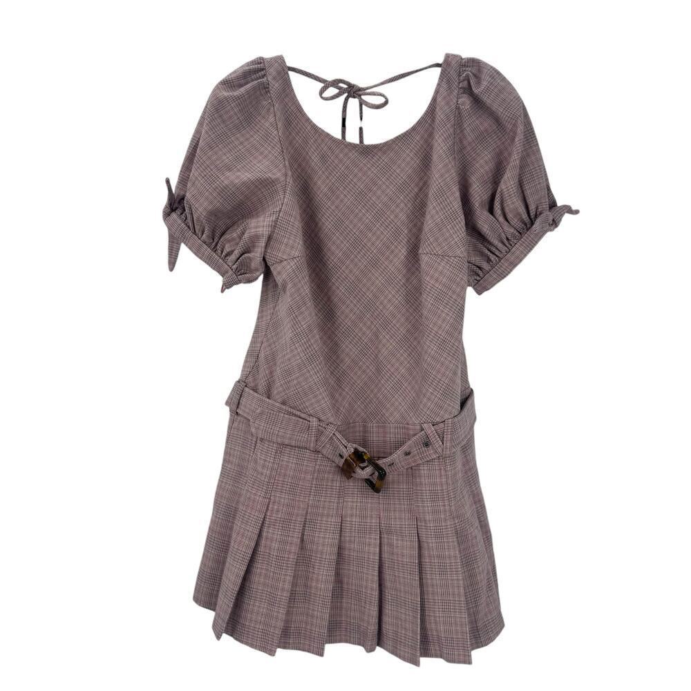 Free People Sevi Plaid Mini Dress Puff Sleeve Grey and Pink Combo Size L NWOT - Picture 10 of 12